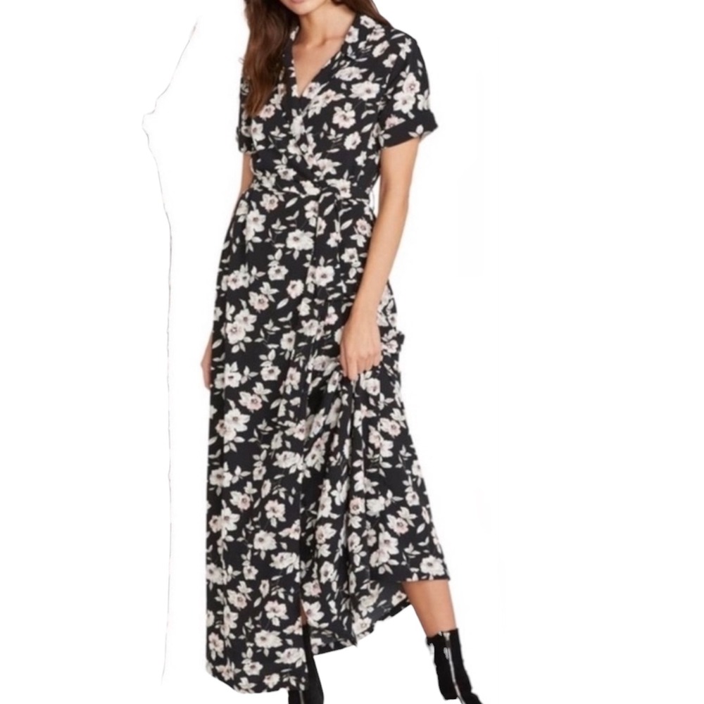 Volcom Women's Floral Wrap‎ Maxi Dress Black Pink Short Sleeve V-Neck Size Large